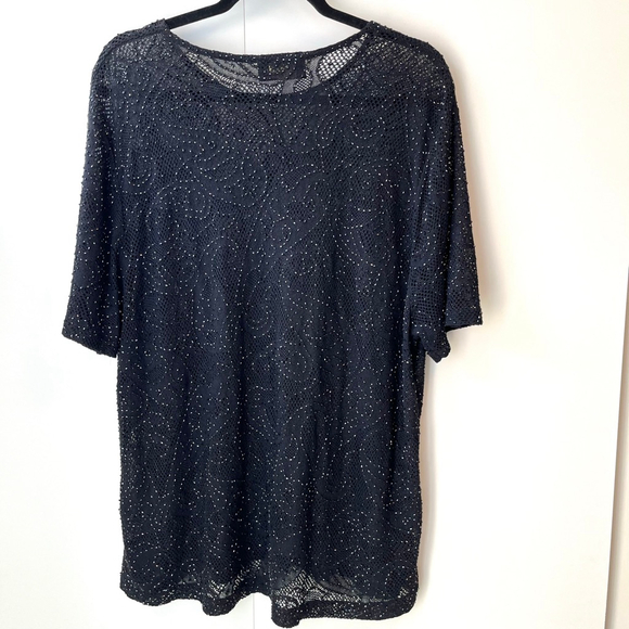 Vintage Dana Buchman Black Beaded Open Knit Top Sheer Sparkle Evening Wear L/XL - Picture 9 of 13